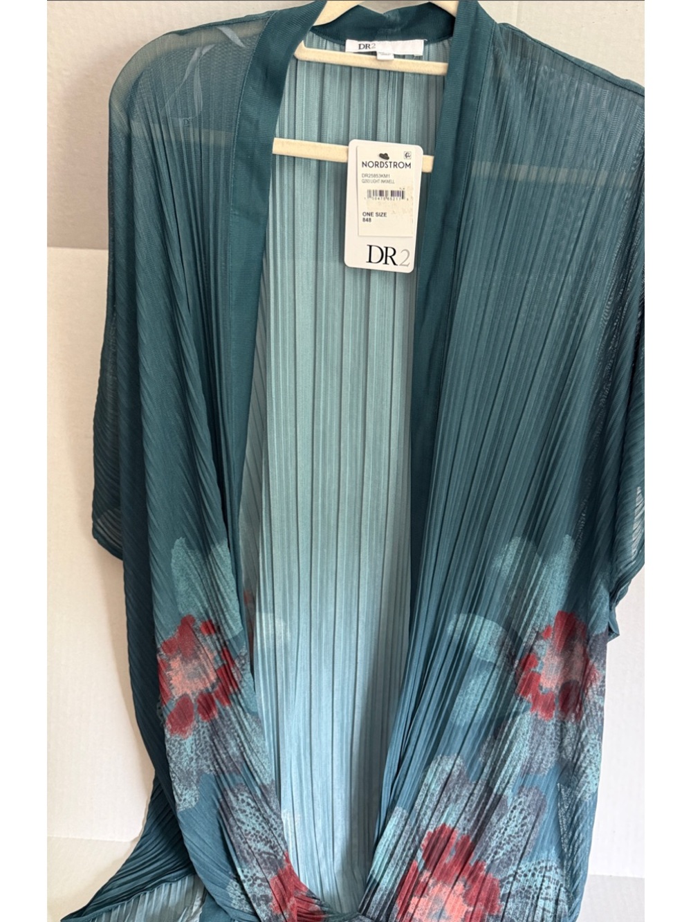 DR2 Teal Pleated Open Kimono with Red Floral Prints